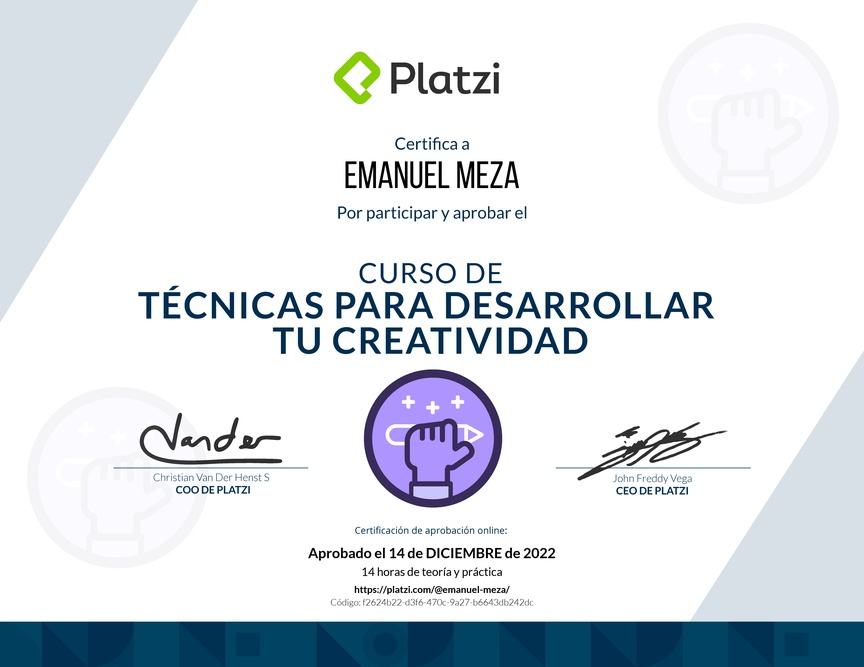 Diploma del Curso para Desarrollar tu Creatividad: Técnicas y Hábitos