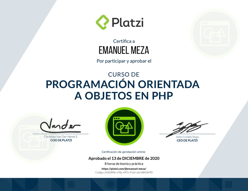 Diploma del Curso de Programación Orientada a Objetos en PHP