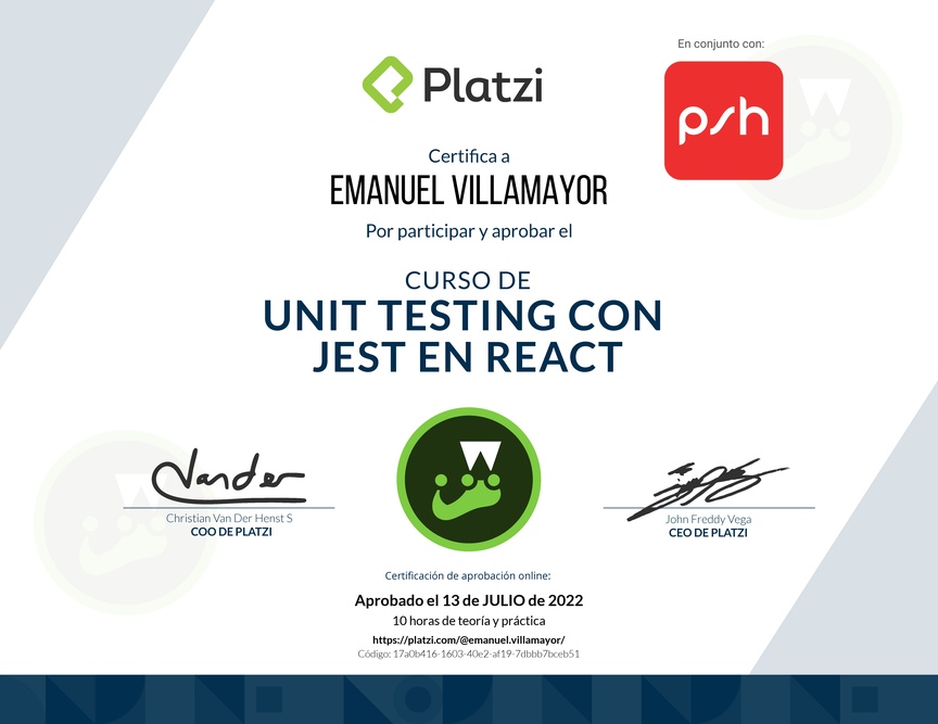Diploma del Curso de Unit Testing con Jest en React
