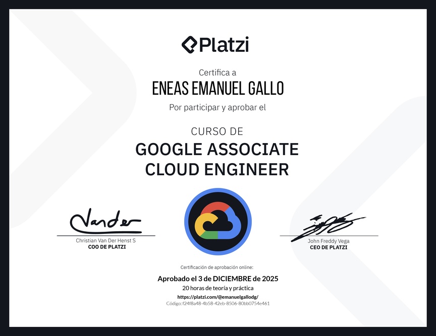 Diploma del Curso de Google Associate Cloud Engineer Certification