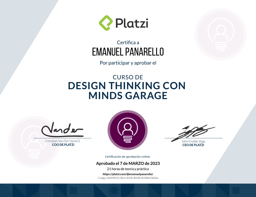 Diploma del Curso de Design Thinking con Minds Garage