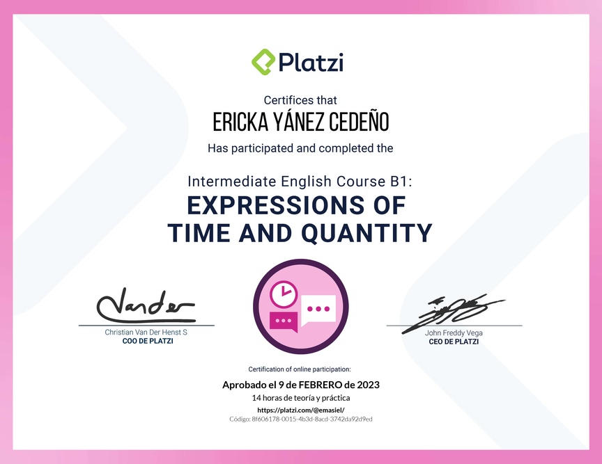 Diploma del Curso de Inglés Intermedio B1: Expresiones de Tiempo y Cantidad