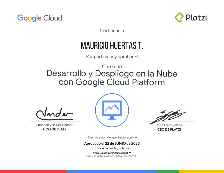 Diploma del Curso de Desarrollo y Despliegue en la Nube con Google Cloud Platform