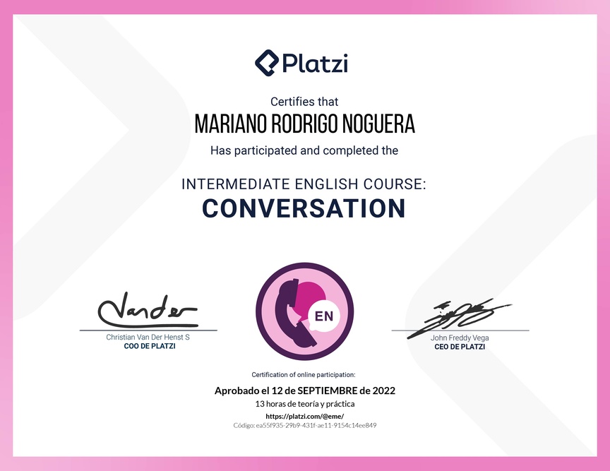 Diploma del Curso de Inglés Intermedio: Conversación 2020