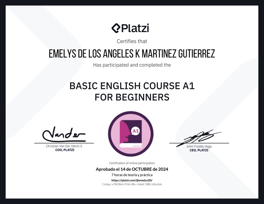 Diploma del Curso de Inglés Básico A1 para Principiantes