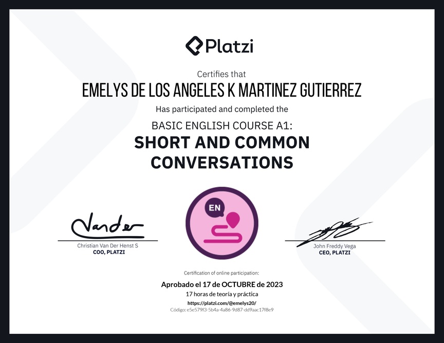 Diploma del Curso de Inglés Básico A1: Conversaciones Cortas y Habituales (2020)