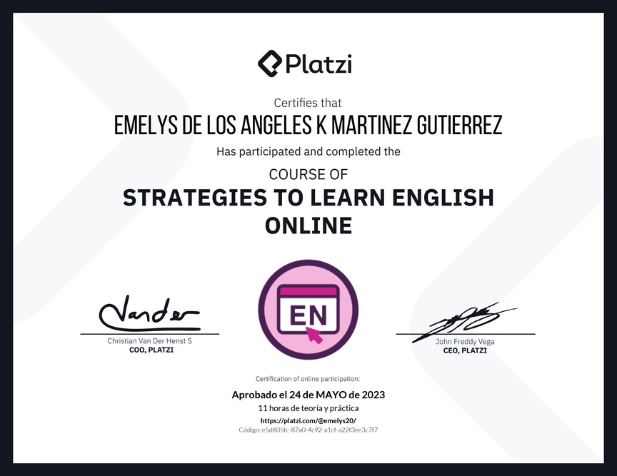 Diploma del Curso Gratis de Estrategias para Aprender Inglés en Línea