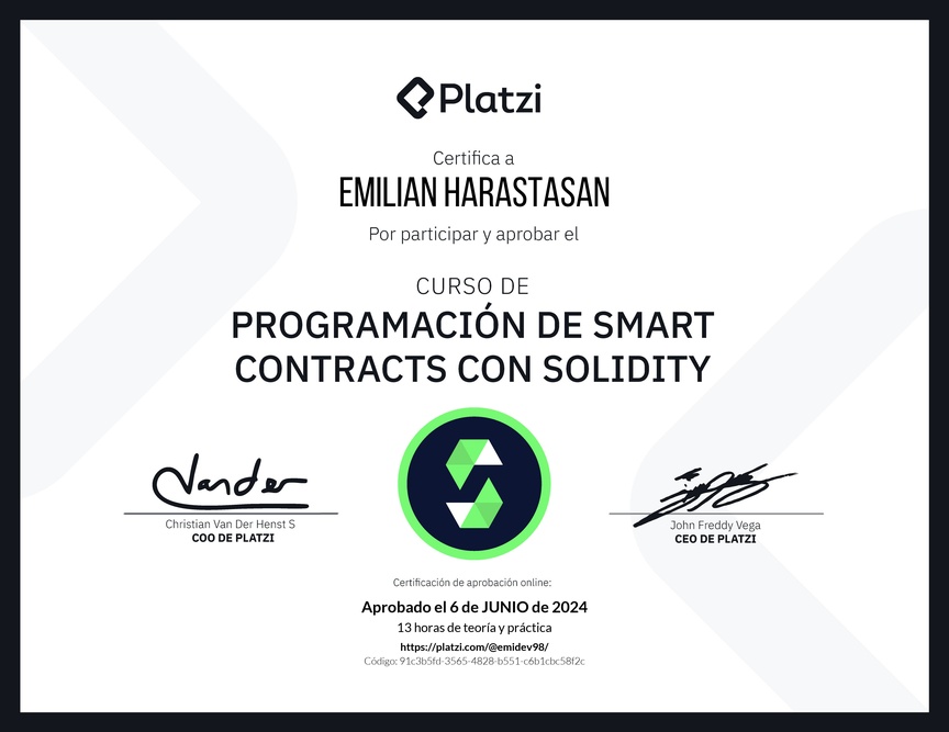 Diploma del Curso de Programación de Smart Contracts con Solidity