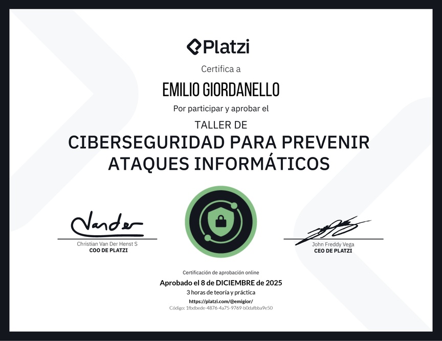 Diploma del Curso de Introducción a Ciberseguridad: Prevención de Ataques Informáticos