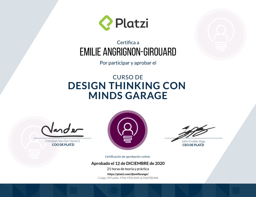 Diploma del Curso de Design Thinking con Minds Garage