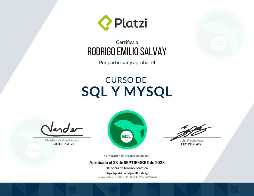Diploma del Curso de SQL y MySQL 2018