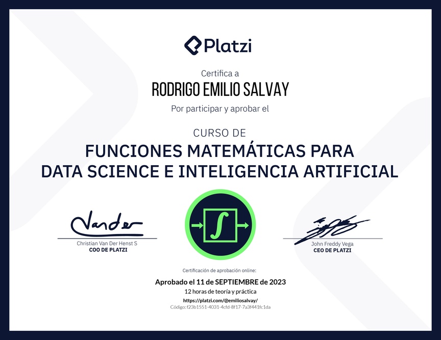 Diploma del Curso de Funciones Matemáticas para Data Science e Inteligencia Artificial