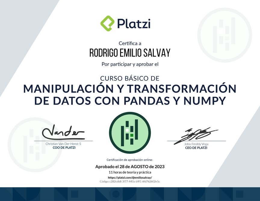Diploma del Curso de Manipulación y Transformación de Datos con Pandas y NumPy