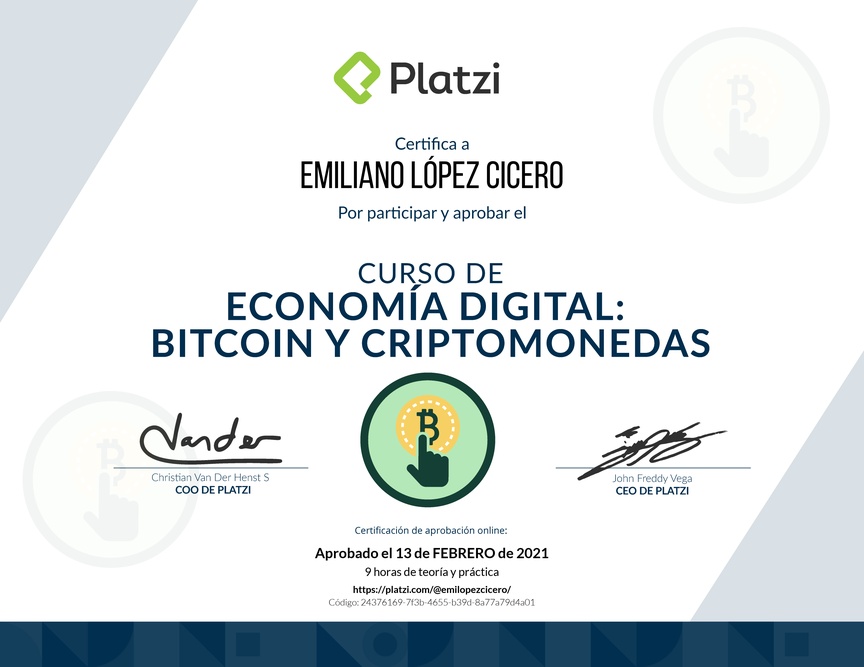 Diploma del Curso de Lectura Economía Digital: Bitcoin y Criptomonedas