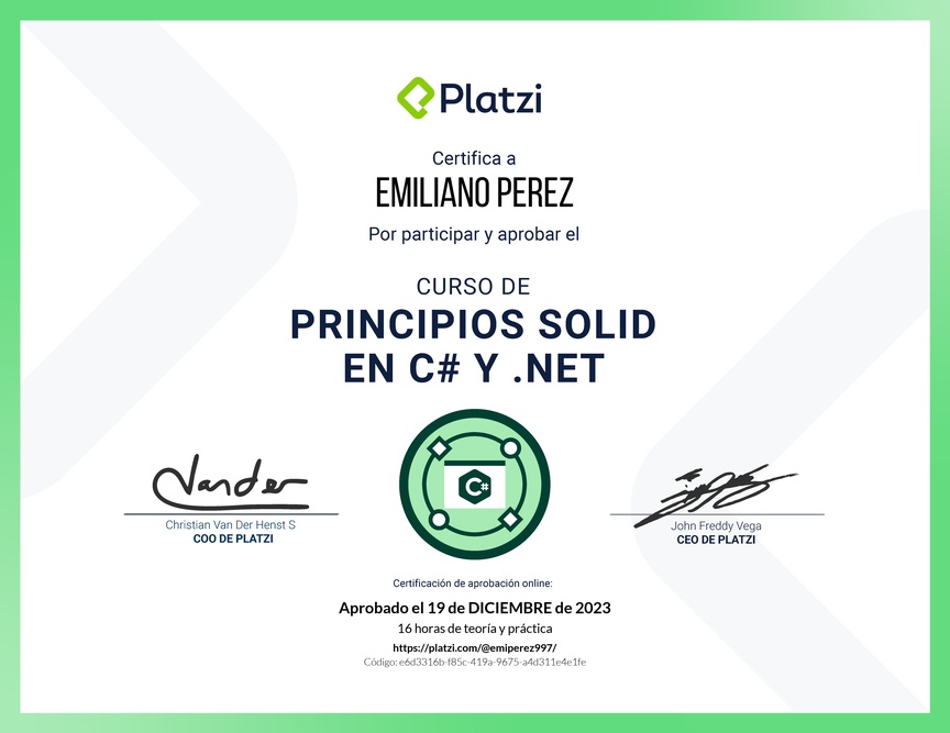Diploma del Curso de Principios SOLID en C# y .NET