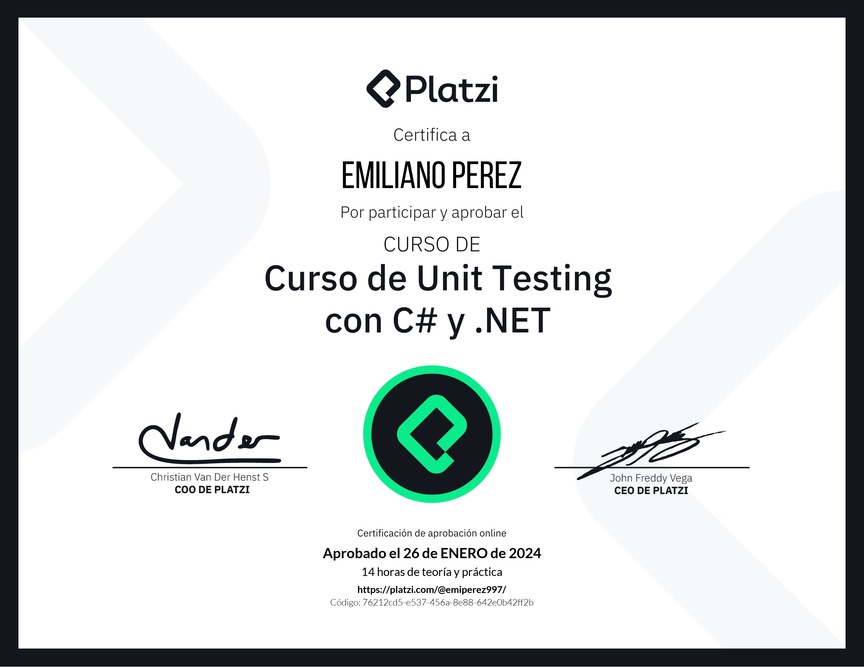Diploma del Curso de Unit Testing con C# y .NET