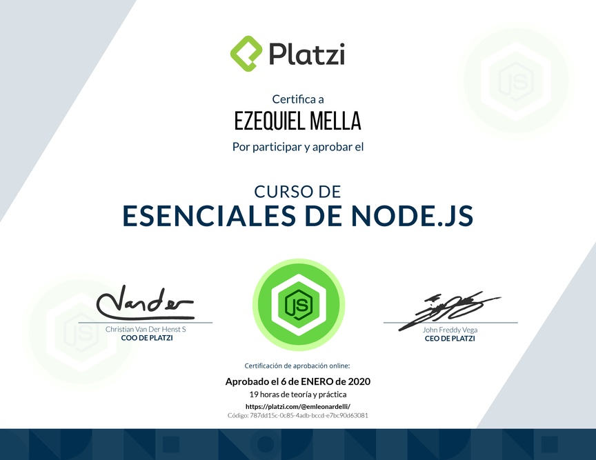 Diploma del Curso de Esenciales de Node.js 2018