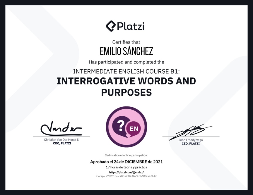 Diploma del Curso de Inglés Intermedio: Palabras Interrogativas y Propósitos (2021)