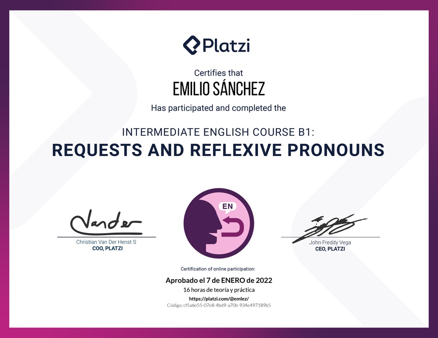 Diploma del Curso de Inglés Intermedio B1: Solicitudes y Pronombres Reflexivos