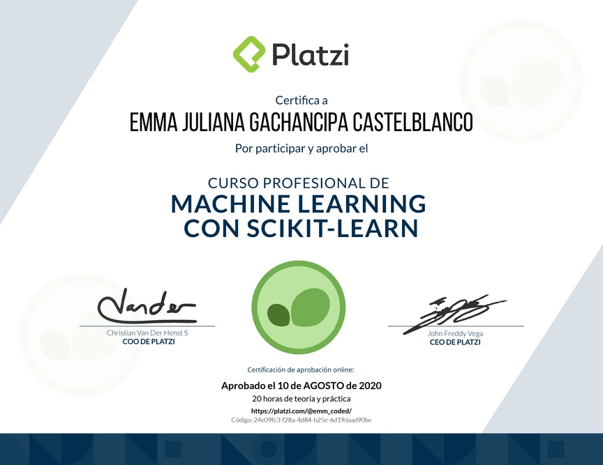 Diploma del Curso Profesional de Machine Learning con scikit-learn