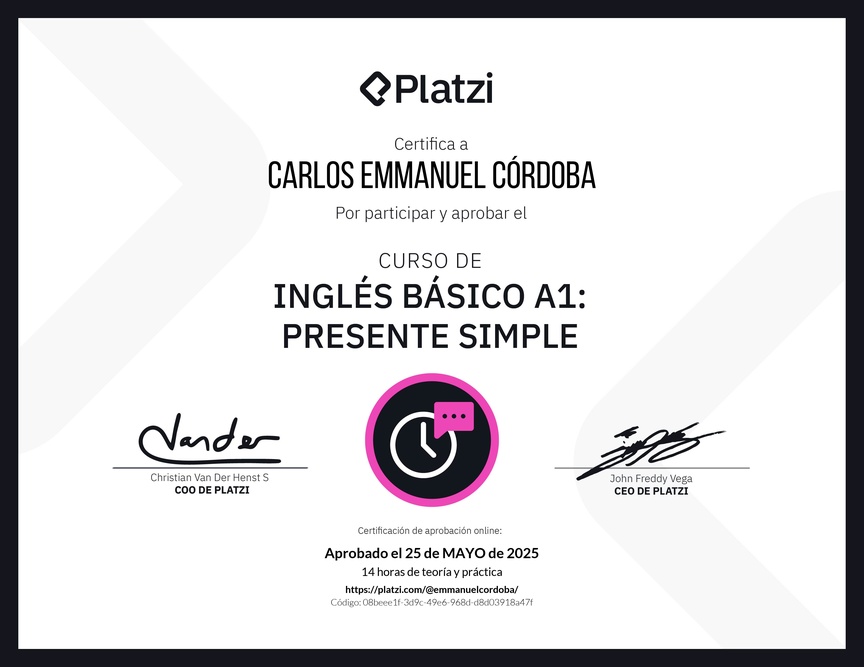 Diploma del Curso de Inglés Básico A1: Presente Simple