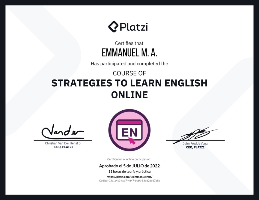Diploma del Curso Gratis de Estrategias para Aprender Inglés en Línea