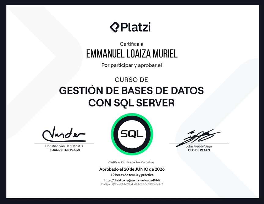 Diploma del Curso de Gestión de Bases de Datos con SQL Server