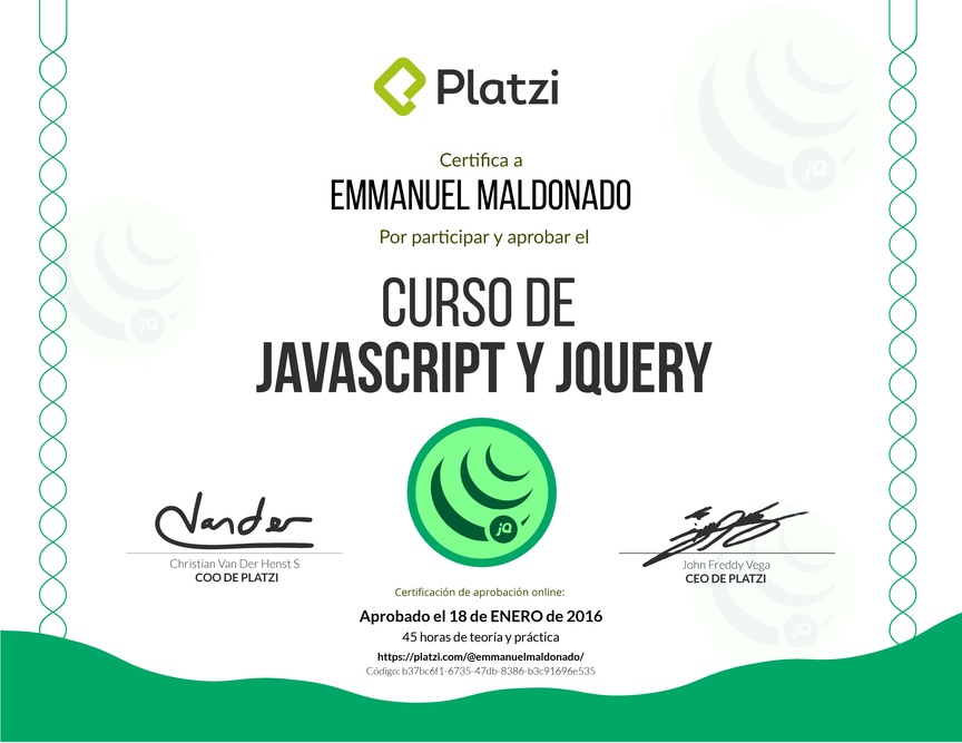 Diploma del Curso de JavaScript y jQuery 2015