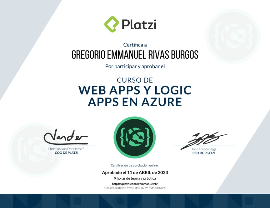 Diploma del Curso de Web Apps y Logic Apps en Azure