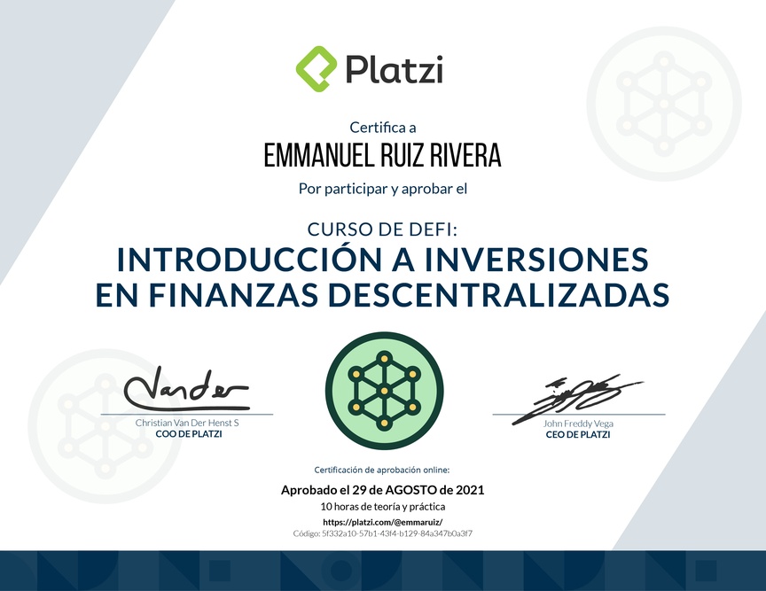 Diploma del Curso de DeFi: Introducción a Inversiones en Finanzas Descentralizadas