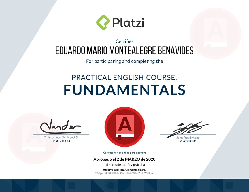 Diploma del Curso de Inglés Práctico: Fundamentos 2019