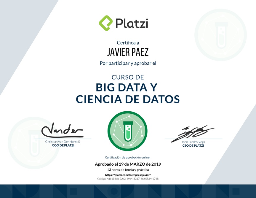 Diploma del Curso de Big Data y Ciencia de Datos 2016
