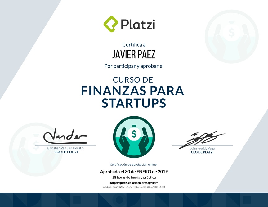 Diploma del Curso de Finanzas para Startups