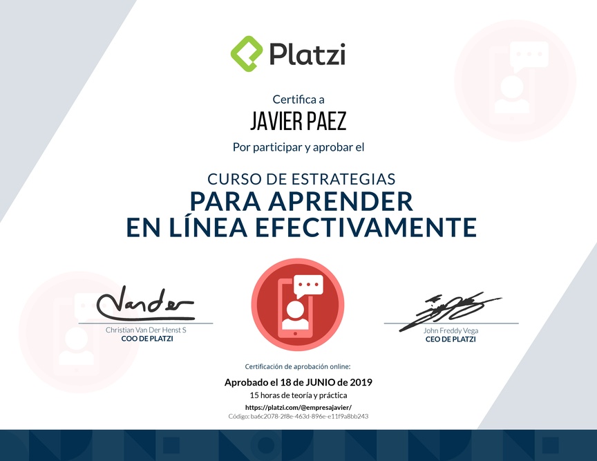 Diploma del Curso de Estrategias para Aprender en Línea Efectivamente 2019