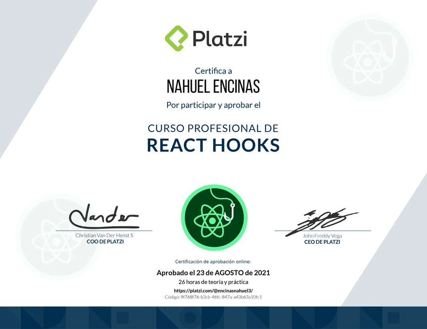 Diploma del Curso Profesional de React Hooks