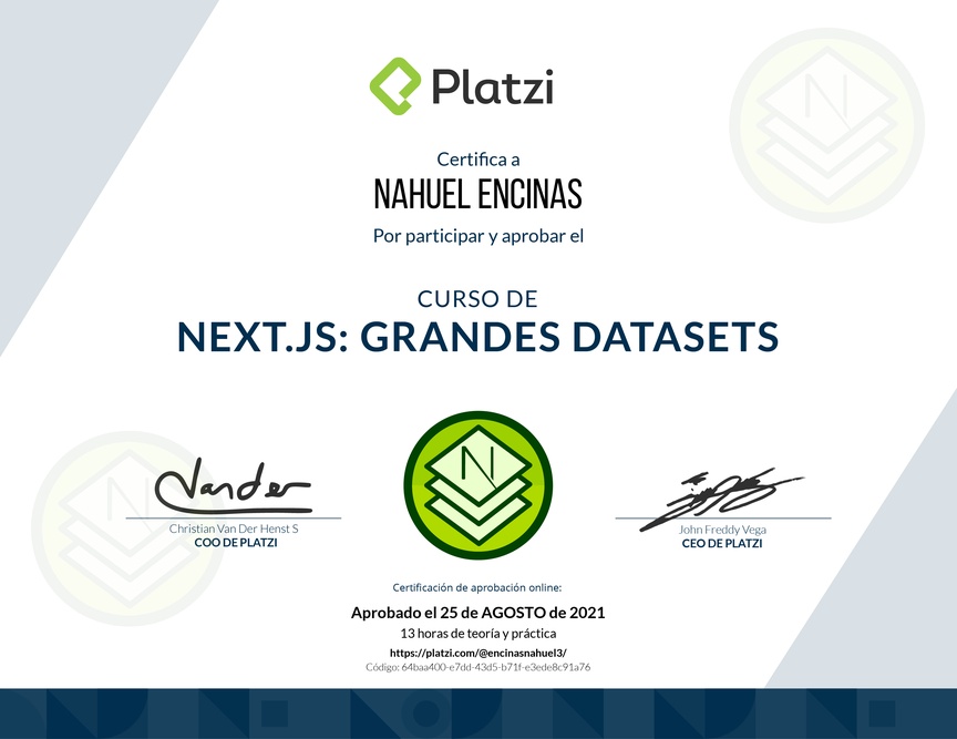Diploma del Curso de Next.js: Optimización y Manejo de Grandes Datasets