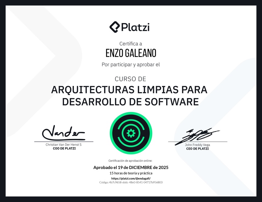Diploma del Curso de Arquitecturas Limpias para Desarrollo de Software