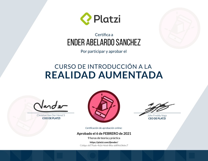 Diploma del Curso de Introducción a la Realidad Aumentada