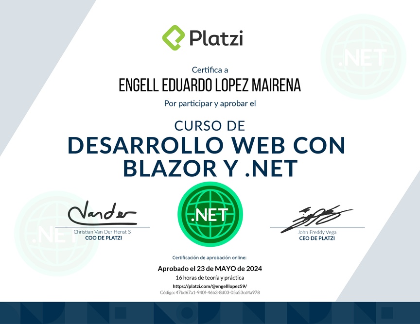 Diploma del Curso de Desarrollo Web con Blazor y .Net Core 3