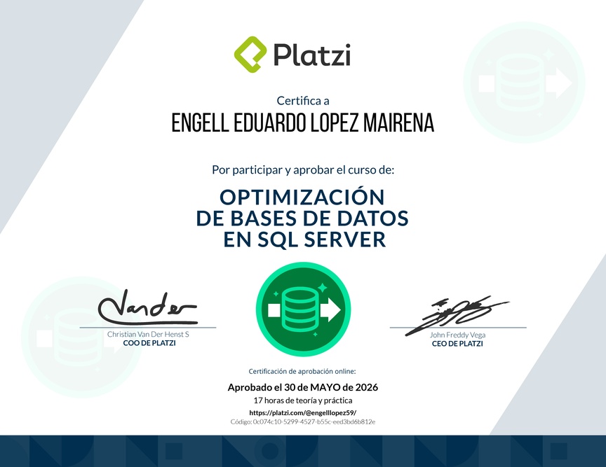 Diploma del Curso de Optimización de Bases de Datos en SQL Server