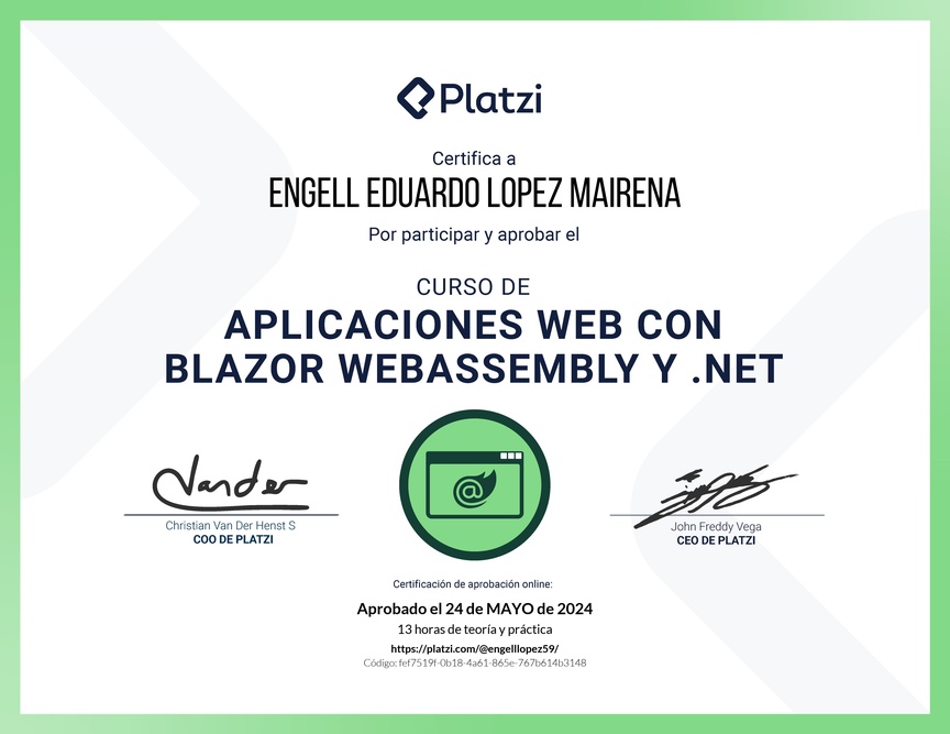 Diploma del Curso de Aplicaciones Web con Blazor WebAssembly y .NET