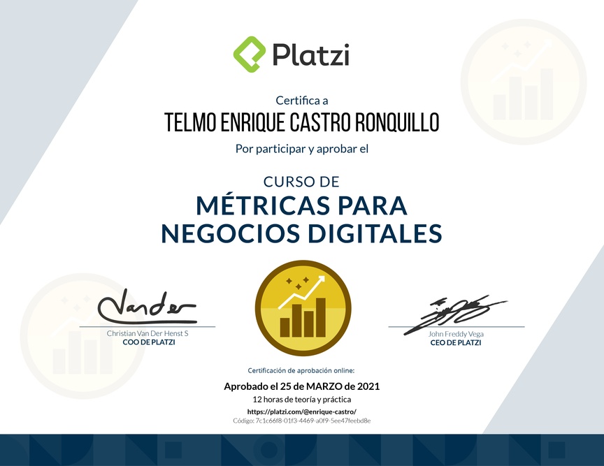 Diploma del Curso de Métricas para Medir el Crecimiento de tu Negocio Digital