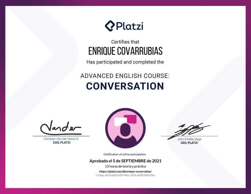 Diploma del Curso de Inglés Avanzado: Conversación 2020