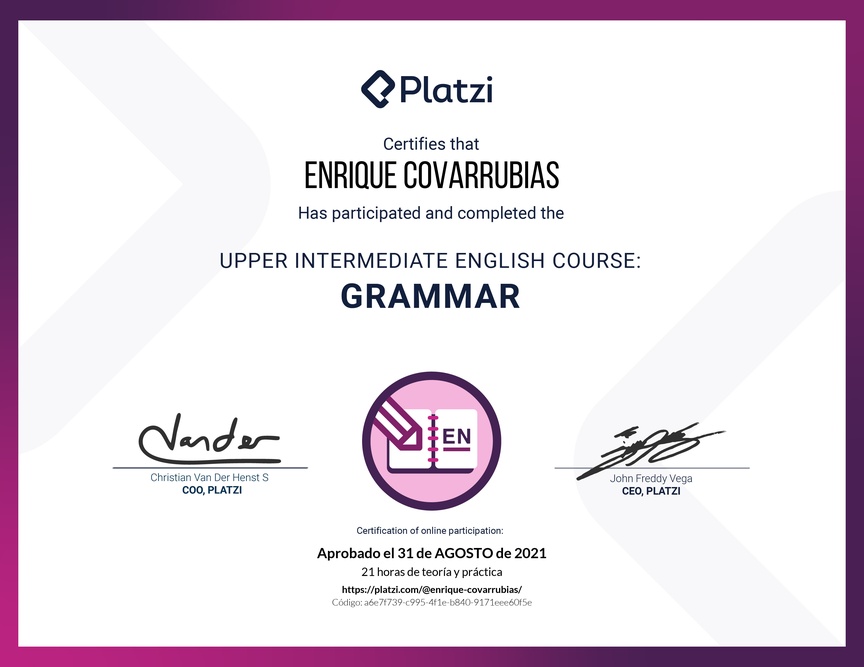 Diploma del Curso Intermedio Alto de Gramática en Inglés (2020)