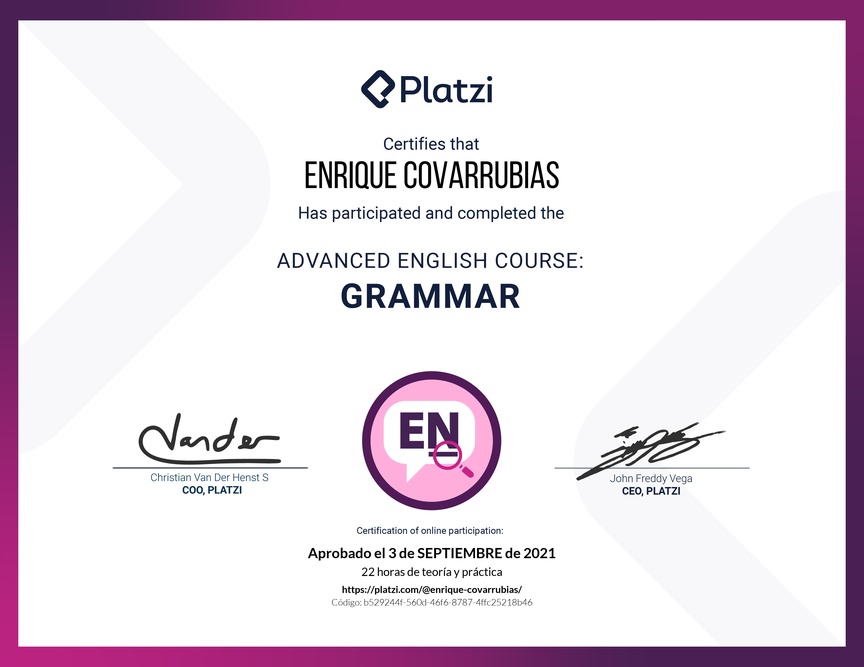 Diploma del Curso Avanzado de Gramática en Inglés (2020)