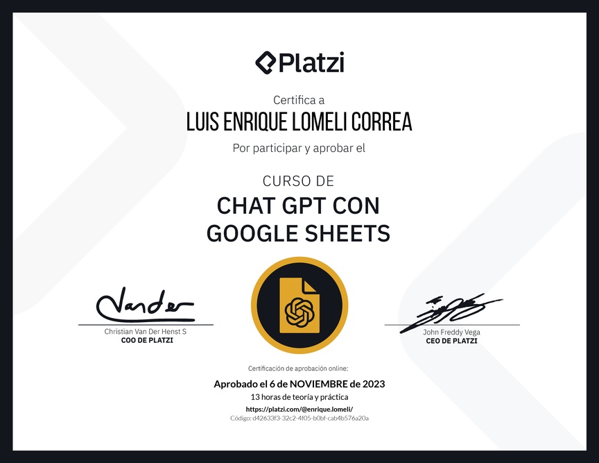 Diploma del Curso de ChatGPT con Google Sheets