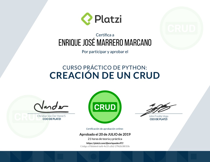 Diploma del Curso Práctico de Python: Creación de un CRUD
