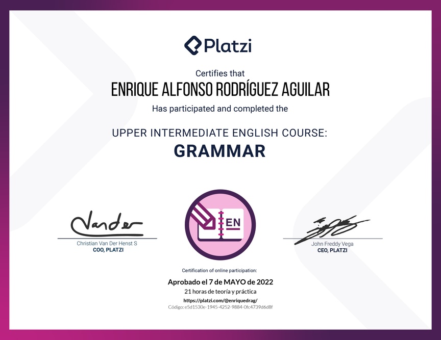 Diploma del Curso Intermedio Alto de Gramática en Inglés (2020)