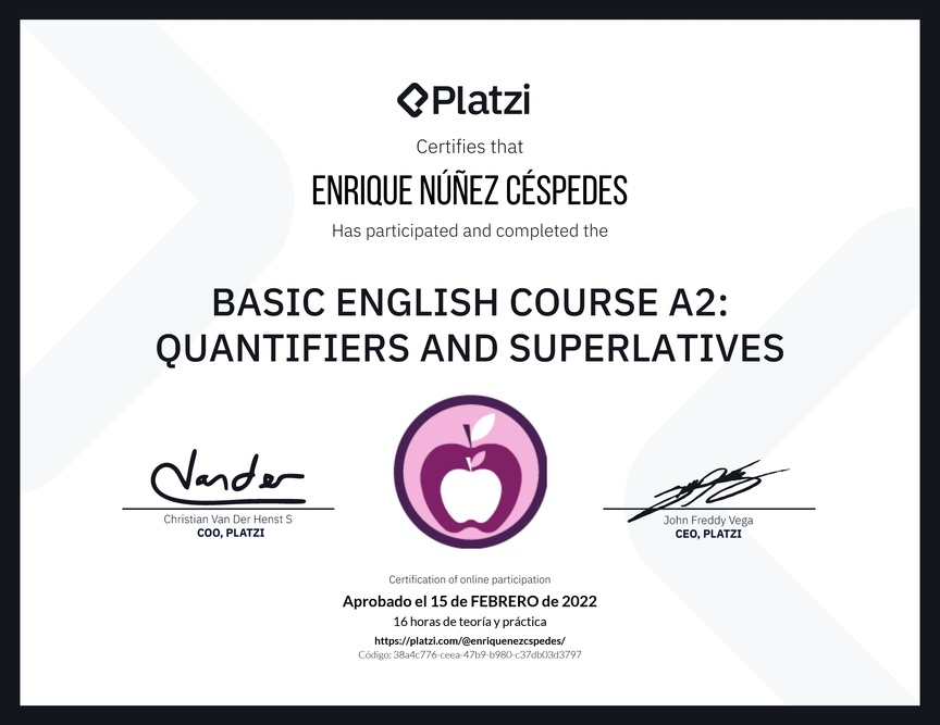 Diploma del Curso de Inglés Básico A2: Cuantificadores y Superlativos
