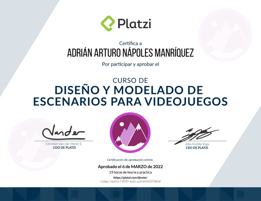 Diploma del Curso de Diseño y Modelado en Videojuegos
